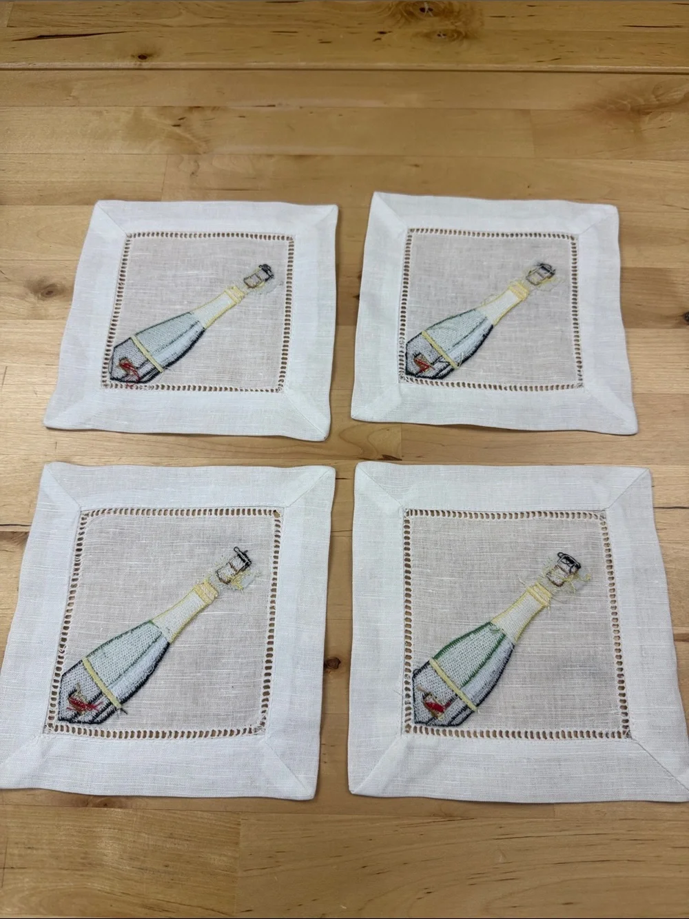 Champagne Bottle Embroidered Linen Cocktail Napkins - White/Green